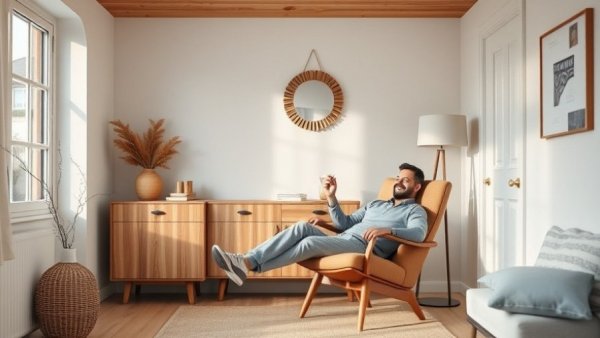 Scandi-inspired vinyl cabinet in cozy room with man relaxing.