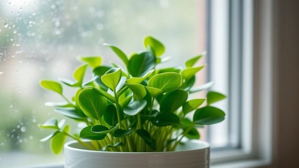 Thriving jade plant in pot on rainy day window sill