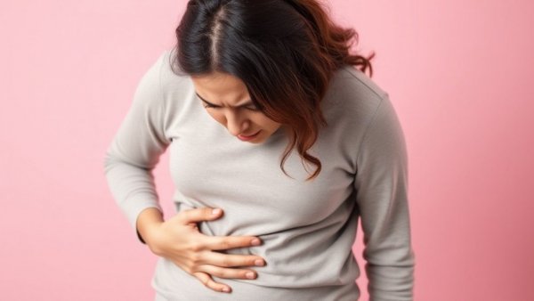 Woman holding stomach in discomfort, pink background