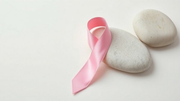 Pink breast cancer awareness ribbon on light background with stones.
