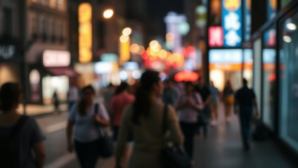 Blurred urban scene with colorful bokeh lights at night.