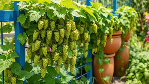 Lush green hops vine flourishing on a trellis in permaculture zone garden.