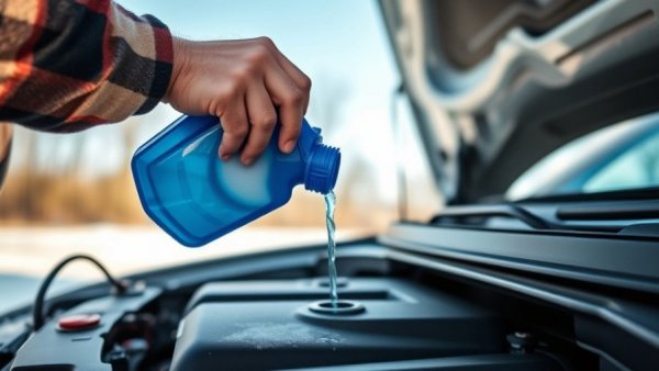 Pouring blue washer fluid into car engine, winter preparation tips