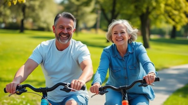 Cheerful mature couple cycling, illustrating vitality and wellness, related to bioidentical hormone pellet therapy.