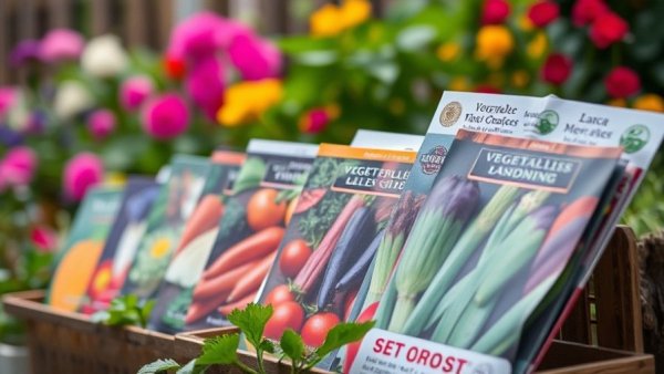 Assorted vegetable seeds in a garden, vibrant colors.