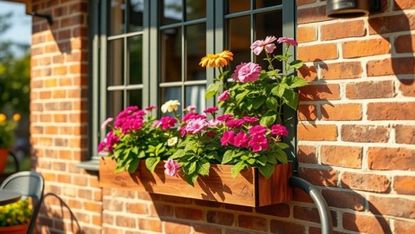 Charming outdoor window planter boxes with colorful flowers.