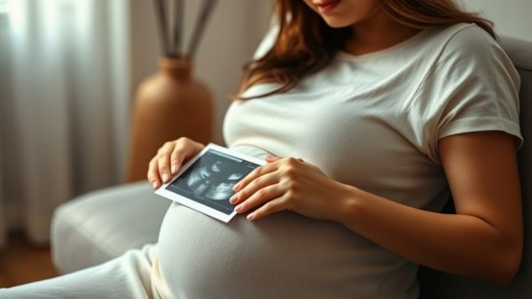 Peaceful pregnant woman holding ultrasound photos indoors.