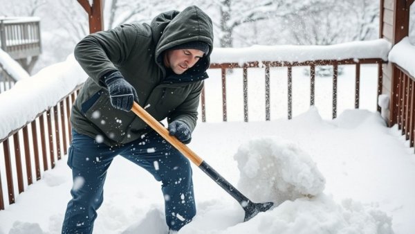 Shoveling snow from a deck in heavy snowfall