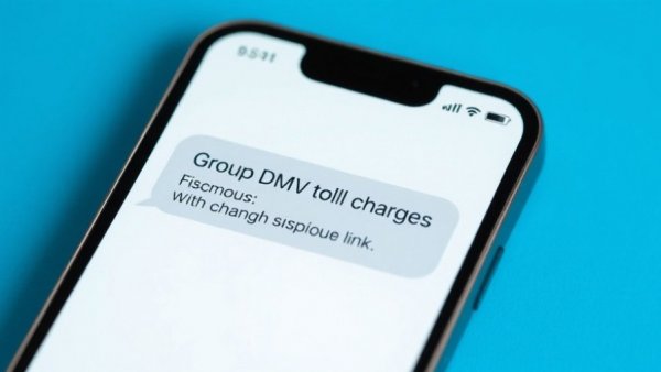 Smartphone displaying DMV group text scam message on blue background.