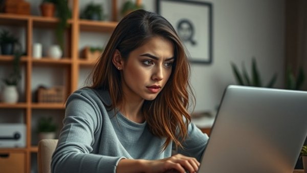 Young woman focused on laptop, identifying AI scams, home setting.