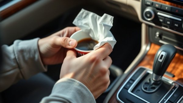 Cleaning car cup holders with a tissue in vehicle interior.