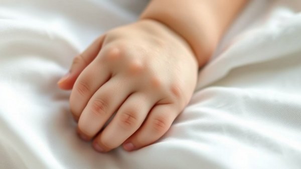Close-up child hand resting on white fabric, Impetigo in children.
