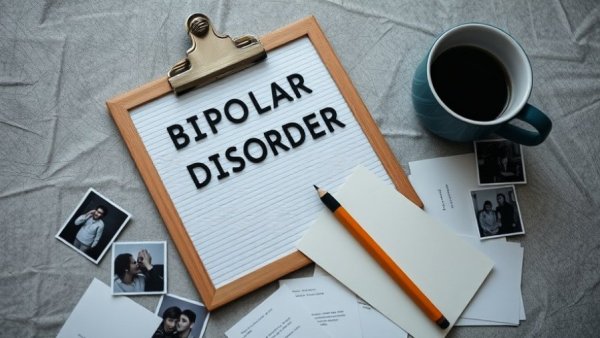 Black letter board with 'BIPOLAR DISORDER', emotional photos, coffee cup.