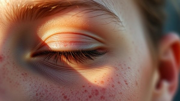 Close-up of closed eye with freckles, Lupus autoimmune disease context.