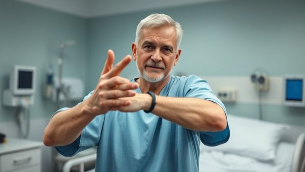 Middle-aged man in hospital room demonstrating elbow megaprosthesis.