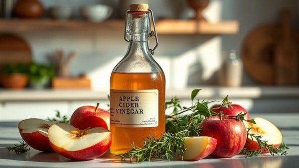 Glass bottle with apple cider vinegar and herbs for hair rinse.