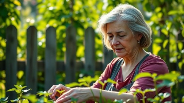 Middle-aged woman engaged in accessible gardening in a lush garden setting.