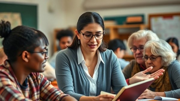 Diverse senior students in a lively history class at a senior living community.