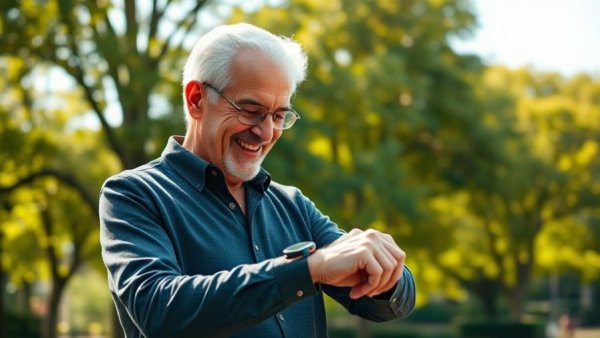 Older man using smartwatch in park, showcasing wearable technology for seniors.