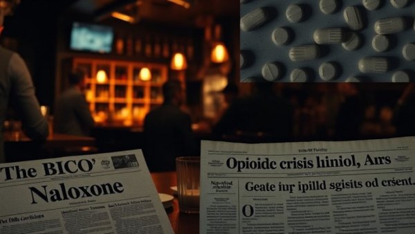 Editorial collage highlighting opioid crisis in hospitality industry.