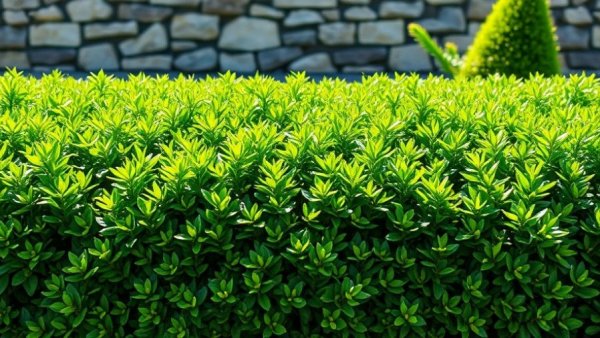 Vibrant shrub hedge in sunny garden with stone backdrop, best shrubs for hedges.