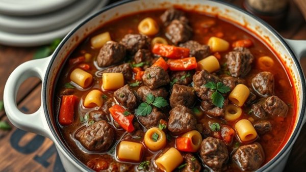 Hearty beef and macaroni stew with herbs in a white pot, healthy recipes.