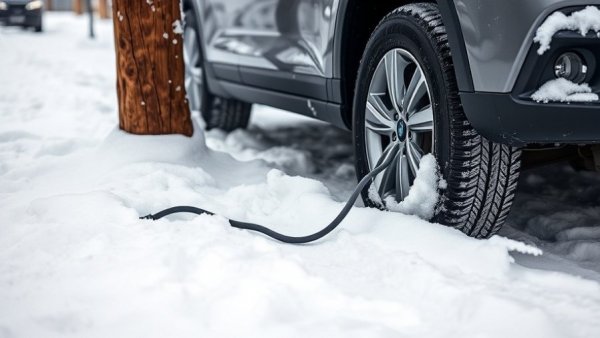 Vehicle with engine block heater in snowy winter scene.