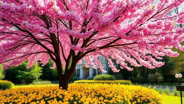 Vibrant pink tree and yellow flowers in early spring garden.