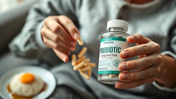 Hands holding probiotic capsule bottle, illustrating probiotics benefits for gut health.