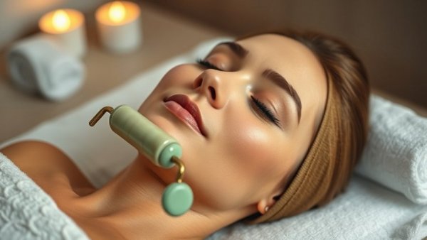 Relaxing jade roller facial in spa, focus on advanced aesthetics.