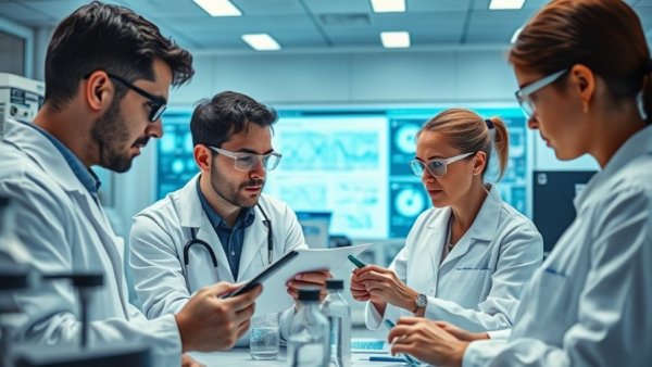 Researchers in a lab discussing the applications of Cathepsin B Protein (CTSB).