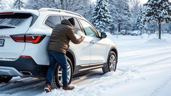 Person removing snow from an SUV in winter.