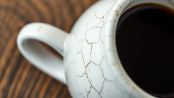 Close-up of crazing in ceramic coffee mug with dark liquid.