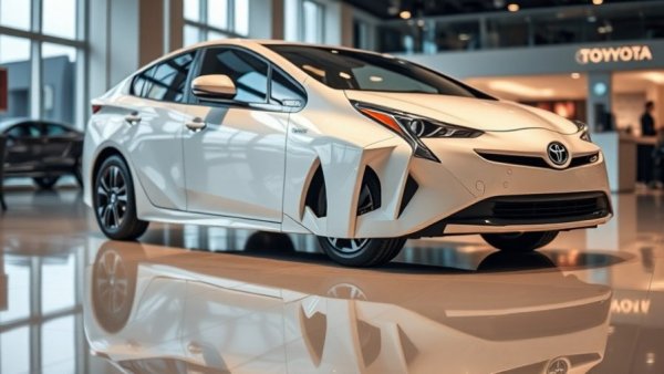 Sleek white Toyota Prius in a modern showroom.