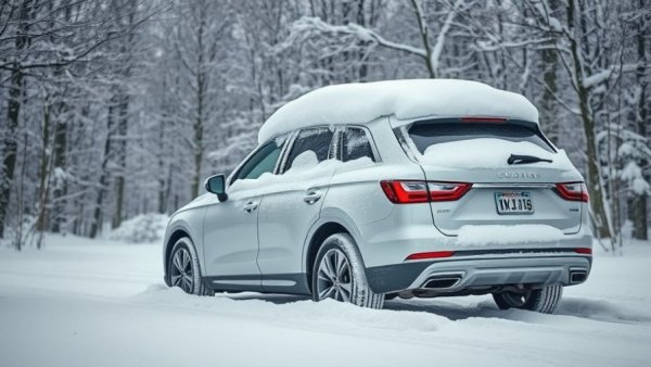 Car covered in snow parked in a snowy forest, illustrating winter driving challenges.