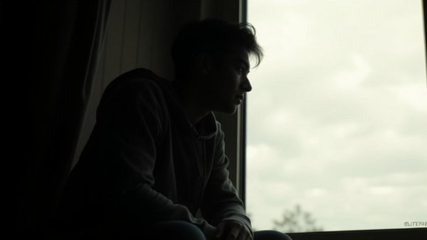 Person gazing out window in a moody setting with dim lighting.