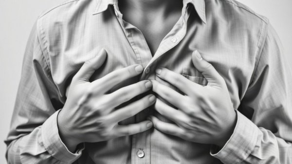 Close-up of hands clutching chest, illustrating pleurisy symptoms