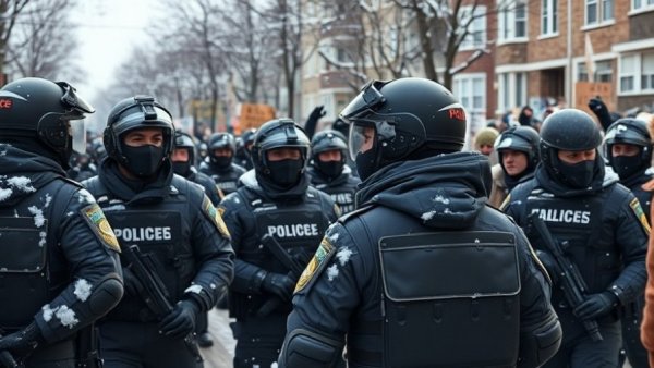 Protest scene with officers in tactical gear on snowy street.