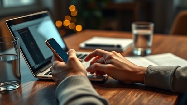 Hands with smartphone and laptop conducting gun violence research.