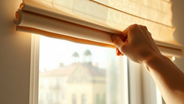 Hand adjusting beige Roman shades for privacy, warm natural lighting.