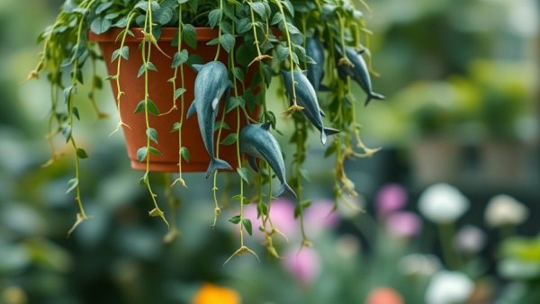 Lush String of Dolphins care in a hanging pot outdoors.