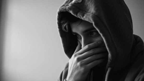 Person in a hoodie showing contemplation, black and white mood.