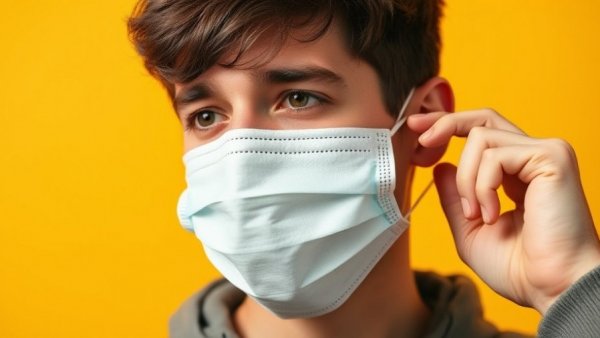 Thoughtful man wearing a mask adjusting it, pneumonia symptoms and treatment.
