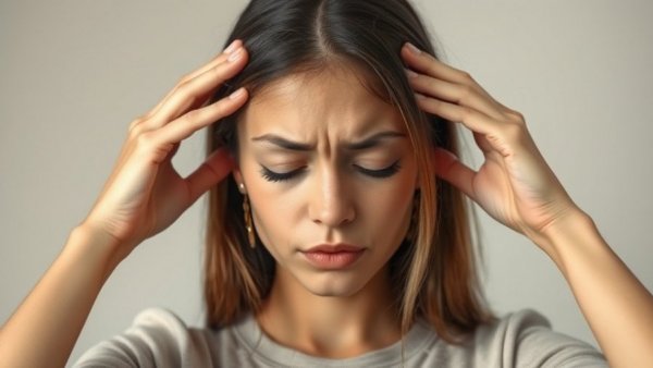 Woman experiencing vision problems and eye strain headaches, massaging temples.