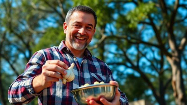Man showing 10 second garlic peeling hack with a bowl outdoors.