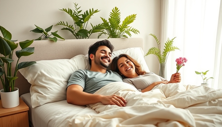 Couple enjoying air purifying headboard in modern bedroom.