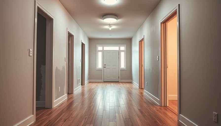 Hallway under renovation with hardwood flooring installation in progress.