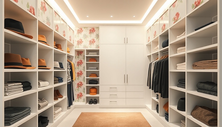 Elegant walk-in closet with floral wallpaper and organized shelves.