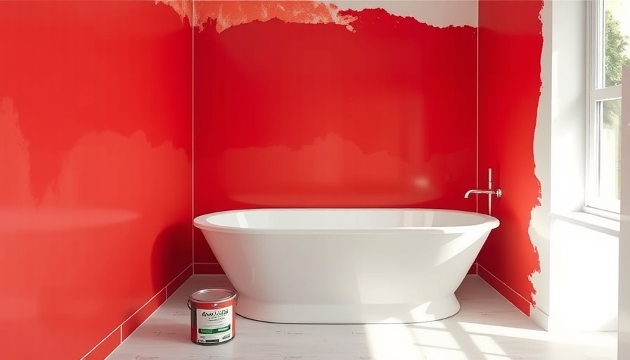 Bathroom renovation with red waterproofing paint on walls around bathtub.