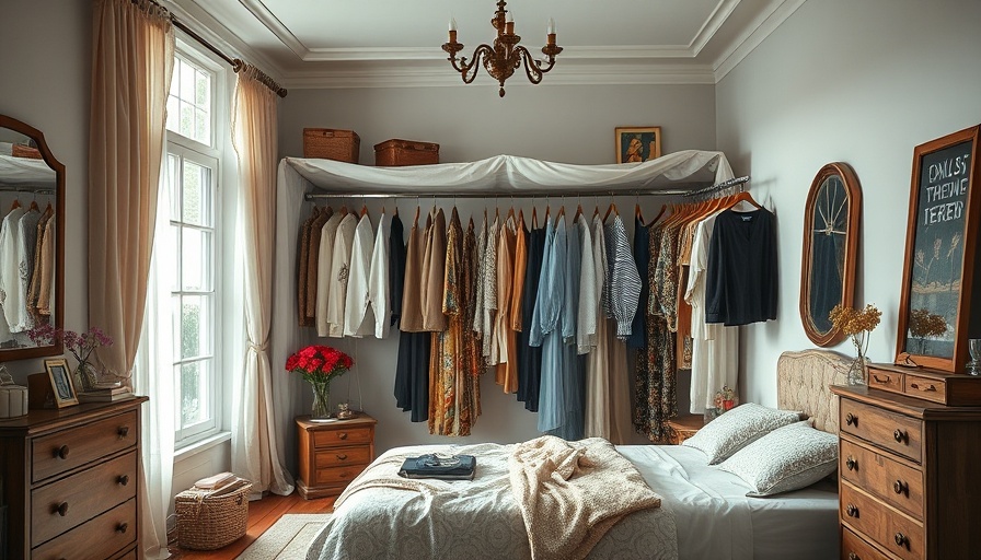 Elegant bedroom featuring an open covered clothes rack.